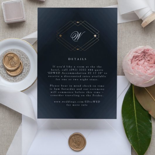 クラシックネイビーブルー書道モノグラム結婚ズ 出欠カード