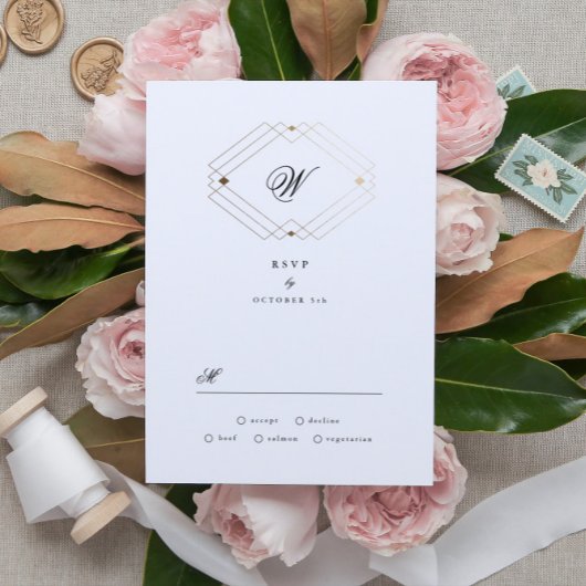 クラシックネイビーブルー書道モノグラム結婚ズ 出欠カード