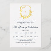 クラシックネイビーブルー植物性金ゴールドモノグラムクレスト 箔招待状 (正面)