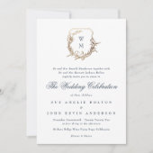 クラシックネイビーブルー結婚モノグラム金ゴールドの紋章 招待状 (正面)