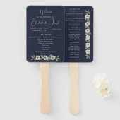 クラシックネイビーブルー&ウォータカラーフローラ結婚ズ ハンドファン (正面&裏面)