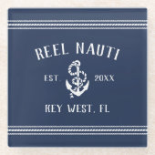 クラシックネイビーブルー |素朴いかりボート名 ガラスコースター (正面)