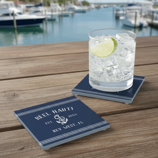 クラシックネイビーブルー |素朴いかりボート名 ガラスコースター