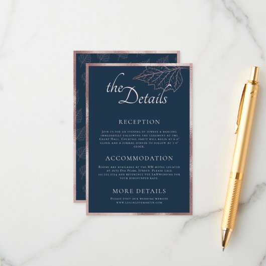 クラシックネイビーマットバラ葉金ゴールドス結婚詳細 エンクロージャーカード (正面/裏面インサイチュ)