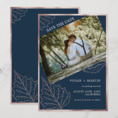 クラシックネイビーマットバラ葉金ゴールド結婚ズ セーブザデート (正面/裏面)