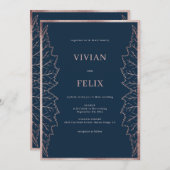 クラシックネイビーマットバラ葉金ゴールド結婚ズ 招待状 (正面/裏面)