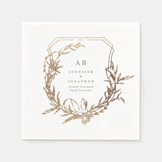 クラシックネイビー花模様金ゴールドmotif結婚 monogram スタンダードカクテルナプキン (正面)