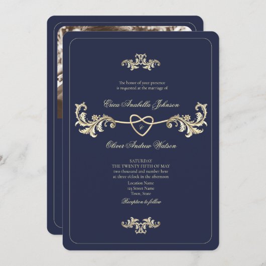 クラシックネイビー青結婚写真 招待状 (正面/裏面)