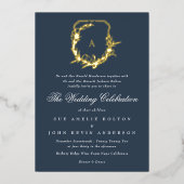 クラシックネイビー青金ゴールドモノグラム結婚クレスト 箔招待状 (正面)