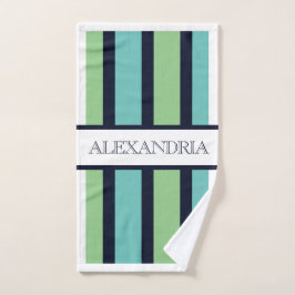 クラシックネイビー&グリーンセージモノグラムのファミリー バスタオルセット