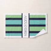 クラシックネイビー&グリーンセージモノグラムのファミリー バスタオルセット (ハンドタオル)