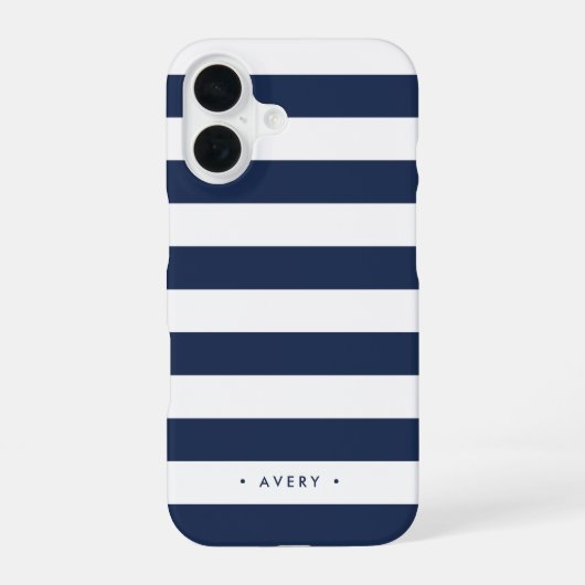 クラシックネイビー&ホワストライプイトパーソナライズされた iPhone 16ケース (裏面)