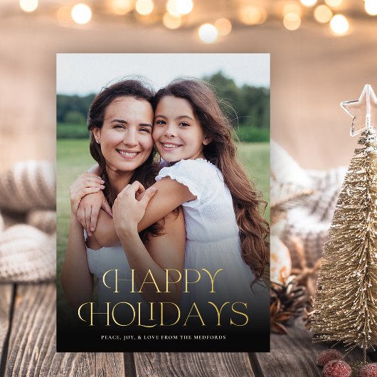 クラシックハッピーホリデー テキスト フローラル バック | 写真 箔シーズンカード