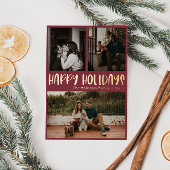 クラシックハッピーホリデー |赤3枚の写真金ゴールド 箔シーズンポストカード