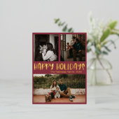 クラシックハッピーホリデー |赤3枚の写真金ゴールド 箔シーズンポストカード (立ち正面)