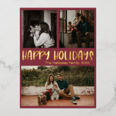クラシックハッピーホリデー |赤3枚の写真金ゴールド 箔シーズンポストカード (正面)