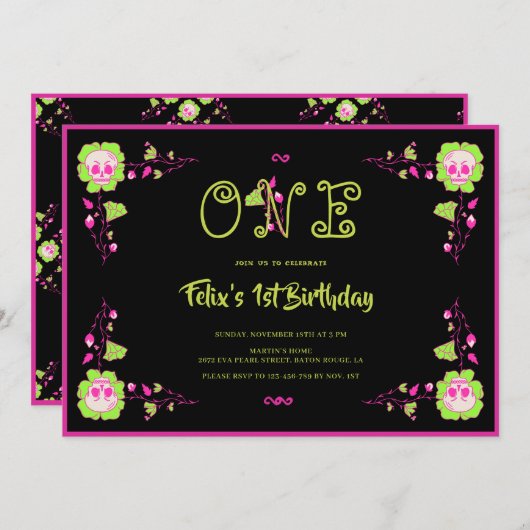 クラシックハロウィーンブラック&ピンクスカル1st誕生日 招待状 (正面/裏面)