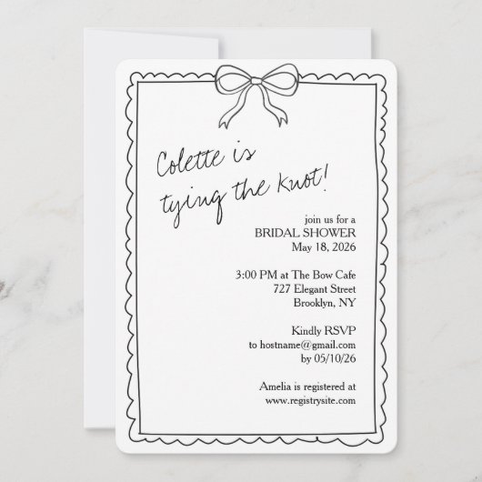 クラシックハンドドロードボウエレガントシックブライダルシャワー 招待状 (正面)