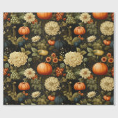 クラシックハーベストヴィンテージカボチャ&ブラック花模様 ラッピングペーパー (フラット)