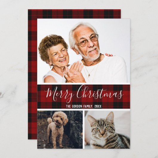 クラシックバッファロープレイド祖父母3フォトコラージュ シーズンカード (正面/裏面)