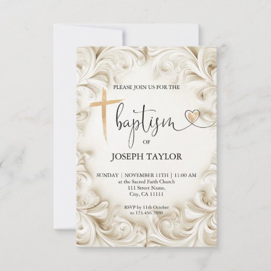 クラシックバプテエレガントィスマ金ゴールドクロス《キリスト教》洗礼式や命名式 招待状 (正面)