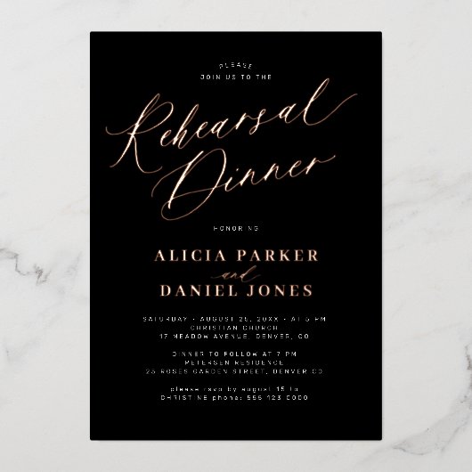 クラシックバラエレガント金ゴールドフォイルリハーサル 箔招待状 (正面)