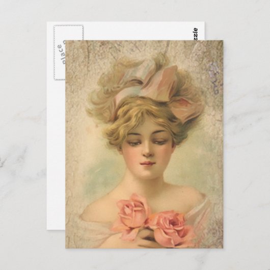 クラシックバラビクトリアンハガキ付き女性 ポストカード (正面/裏面)
