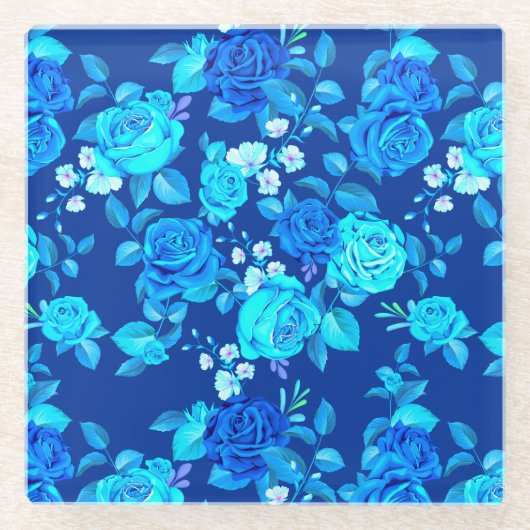 クラシックバラ青い花パターン–876 ガラスコースター (正面)