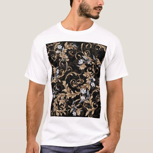 クラシックバロックの花:黒背景。 Tシャツ (正面)