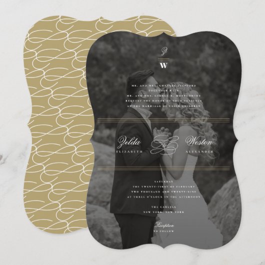 クラシックバーダブルモノグラムモダンフォト結婚ズ 招待状 (正面/裏面)