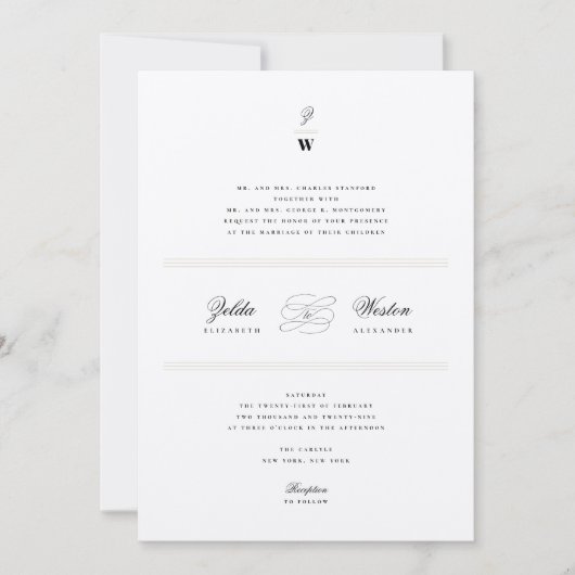 クラシックバーライン二重モノグラムモダン結婚ズ 招待状 (正面)