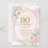 クラシックパウダーピンクゴールド 牡丹 90歳の誕生日 招待状 (正面)