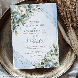 クラシックパステルブルーホワイトシルバーバラズ結婚 招待状