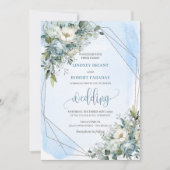 クラシックパステルブルーホワイトシルバーバラズ結婚 招待状 (正面)