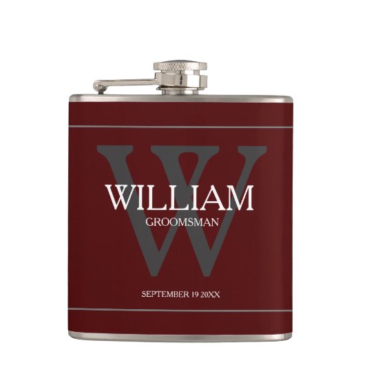 クラシックパーソナライズされたGroomsman Gift Burgundy Flask フラスク (正面)