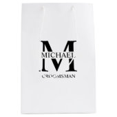 クラシックパーソナライズされたGroomsmen Monogramと名前 ミディアムペーパーバッグ (正面)