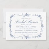 クラシックビクトリアンフランスの青フローラブライダルシャワー 招待状 (正面)