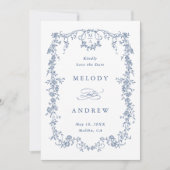 クラシックビクトリアンフランスの青フローラ結婚の写真 セーブザデート (正面)