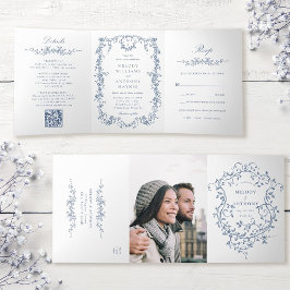 クラシックビクトリアンフランスの青フローラ結婚ズ 三つ折り招待状