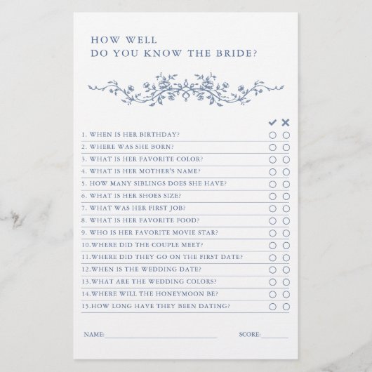 クラシックビクトリアンフランスの青ブライダルシャワーゲーム (正面)