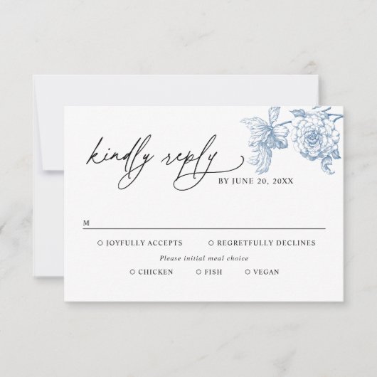 クラシックビクトリアンブルーミールオプションウェディングRSVP 出欠カード (正面)