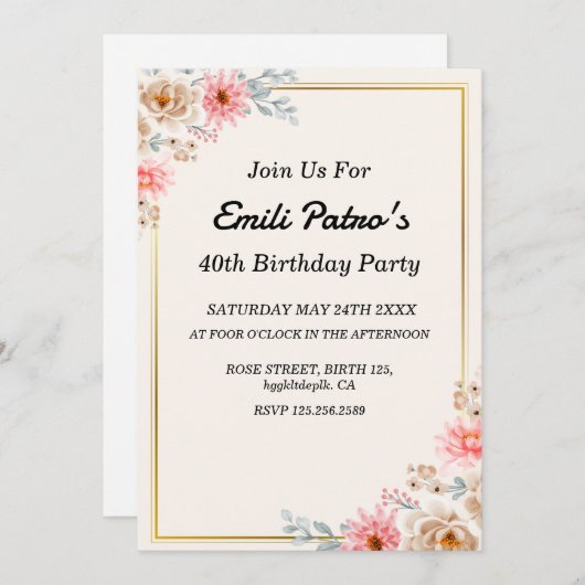 クラシックピンクの花40th Birthday招待状 招待状 (正面/裏面)