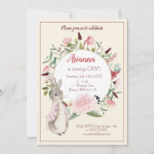 クラシックピンクウサギフローラw.フォト誕生日 招待状 (正面)