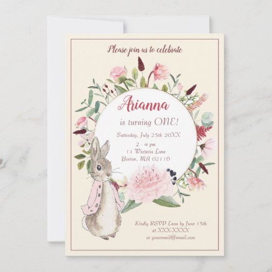 クラシックピンクウサギフローラw.フォト誕生日 招待状 (正面)