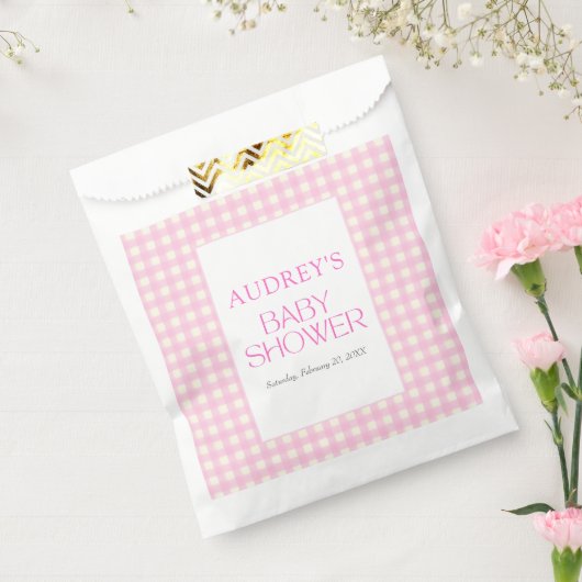 クラシックピンクギンガムガールベビーシャワー フェイバーバッグ (封をした状態)
