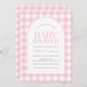 クラシックピンクギンガムガールベビーシャワー 招待状 (正面/裏面)