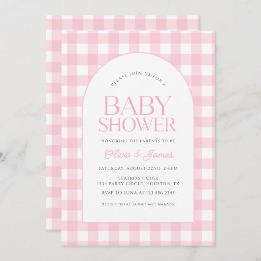 クラシックピンクギンガムガールベビーシャワー 招待状 (正面/裏面)