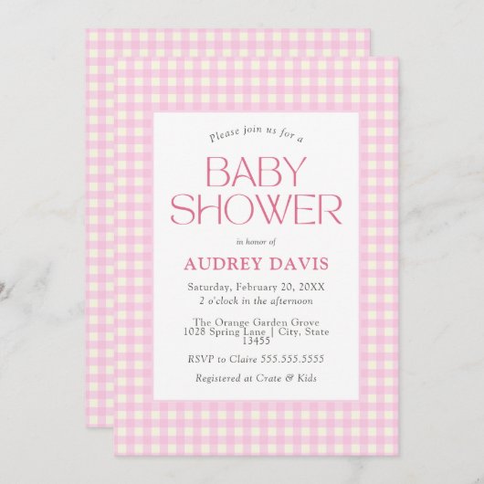 クラシックピンクギンガムガールベビーシャワー 招待状 (正面/裏面)