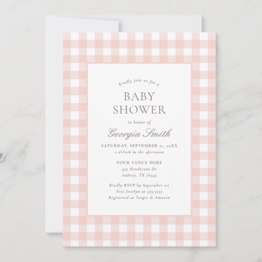 クラシックピンクギンガムガールベビーシャワー 招待状 (正面)