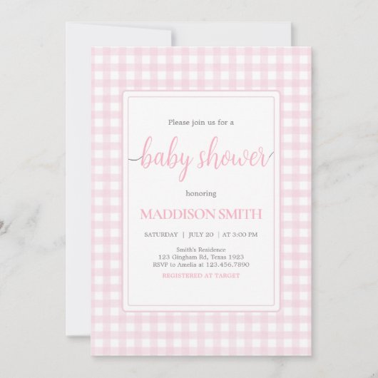クラシックピンクジンガム赤ちゃんシャワー 招待状 (正面)